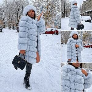 NWT Aria Moda Blue Fox Fur Coat Jacket Light Blue M Hook Eye Real Fur